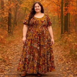 Ashley Stewart Dark Floral Print Maxi Dress Tiered Earth Tone Fairy Boho Peasant